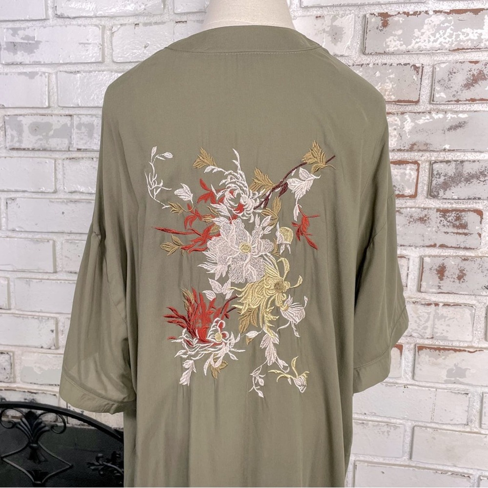 Bohemian Embroidered Floral Olive Green & Orange 3/4 Sleeve Kimono M/L - Picture 5 of 9